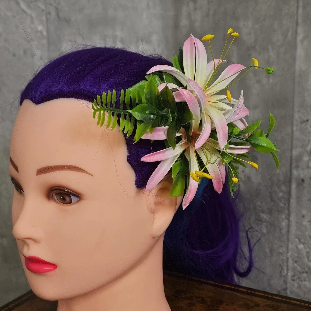 Handmade‎ Pink White Lily Hair Flower Clip Tiki Rockabilly Pinup Hawaiian